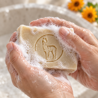 Cremiger Schaum der handgesiedeten Alpaka-Naturseife mit Calendula