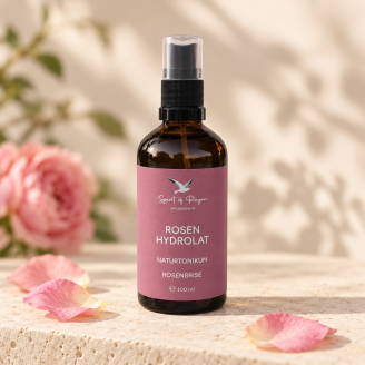 Rosenhydrolat auf dem Tisch mit Rosen