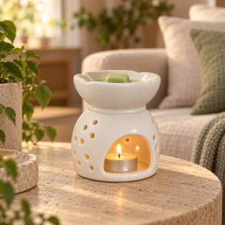 Weiße Keramik-Duftlampe mit schmelzendem Duftwachs im Wohnzimmer