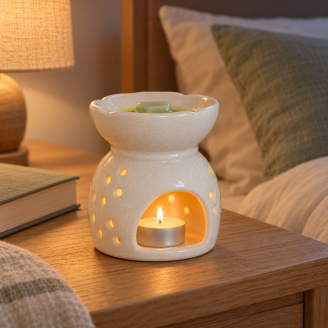 Keramik-Duftlampe mit Duftmelt auf dem Nachttisch