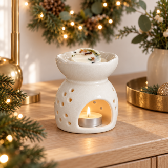 Weihnachtliche Aromalampe mit weißem Duftstern auf dem Tisch
