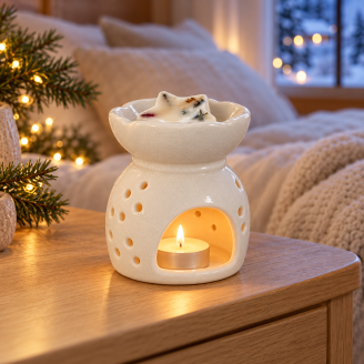 Weihnachtliche Aromalampe mit weißem Duftstern im Schlafzimmer